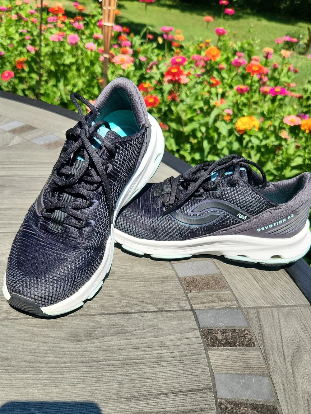 Size 7 1/2 WideRyka Women's Black Athletic Sneakers with Teal and Purple Accents